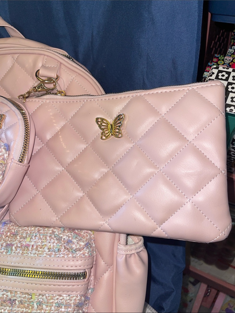 Quilted Pink Women's Backpack with Tweed Front Pocket and Gold Accents - Picture 4 of 8